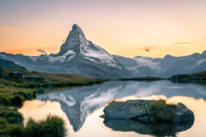 The Matterhorn reflected in Stellisee at sunset,Switzerland The Matterhorn reflected in Stellisee at sunset,Switzerland